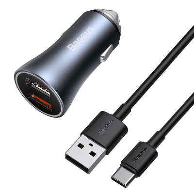 Автомобильное зарядное устройство BASEUS Golden Contactor Pro Dual , 2*USB + Кабель USB-Type-C, 3A, 40W, темно-серый Автомобильное зарядное устройство BASEUS Golden Contactor Pro Dual , 2*USB + Кабель USB-Type-C, 3A, 40W, темно-серый