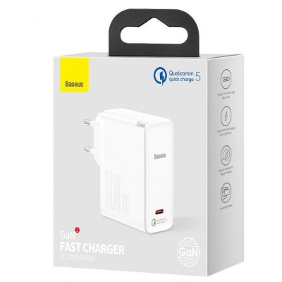 Зарядное устройство BASEUS GaN2 Fast Charger USB-C + Кабель Type-C-Type-C, 3A, 100W, белый Зарядное устройство BASEUS GaN2 Fast Charger USB-C + Кабель Type-C-Type-C, 3A, 100W, белый