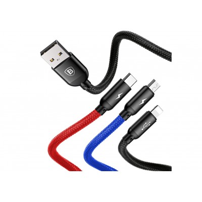 Кабель USB BASEUS Three Primary Colors 3-in-1, USB - MicroUSB+Type-C+Lightning, 3.5A, 1.2 м, черный Кабель USB BASEUS Three Primary Colors 3-in-1, USB - MicroUSB+Type-C+Lightning, 3.5A, 1.2 м, черный
