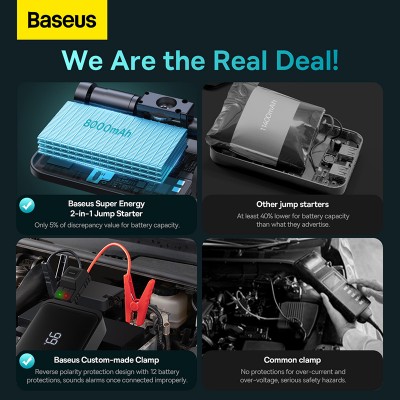 Стартер BASEUS Super Energy 2in1 Car Jump (1000A), 2.4A, 8000 мАч, черный Стартер BASEUS Super Energy 2in1 Car Jump (1000A), 2.4A, 8000 мАч, черный