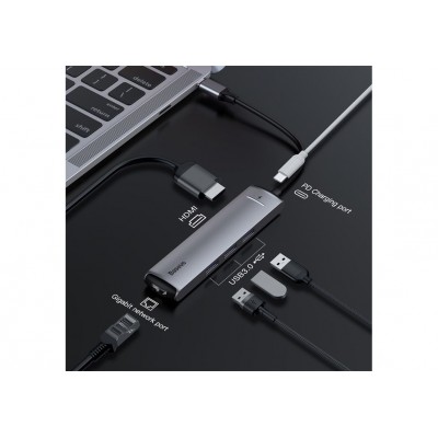 Переходник/Адаптер BASEUS Mechanical eye 6-in-1, Разветвитель, Type-C - 3xUSB3.0 + HDMI + RJ45 + PD, серый Переходник/Адаптер BASEUS Mechanical eye 6-in-1, Разветвитель, Type-C - 3xUSB3.0 + HDMI + RJ45 + PD, серый