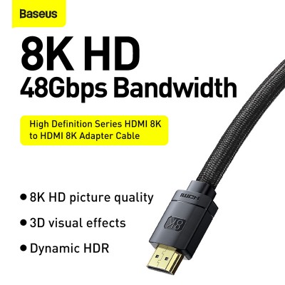 Кабель HDMI BASEUS High Definition Series, HDMI 8K- HDMI 8K, 1.5 м, черный Кабель HDMI BASEUS High Definition Series, HDMI 8K- HDMI 8K, 1.5 м, черный