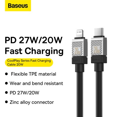 Кабель USB-C BASEUS CoolPlay Series Fast Charging, Type-C - Lightning, 20W, 2 м, черный Кабель USB-C BASEUS CoolPlay Series Fast Charging, Type-C - Lightning, 20W, 2 м, черный