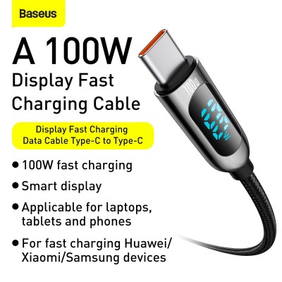 Кабель USB-C BASEUS Display Fast Charging, Type-C - Type-C, 5A, 100W, 1 м, черный Кабель USB-C BASEUS Display Fast Charging, Type-C - Type-C, 5A, 100W, 1 м, черный