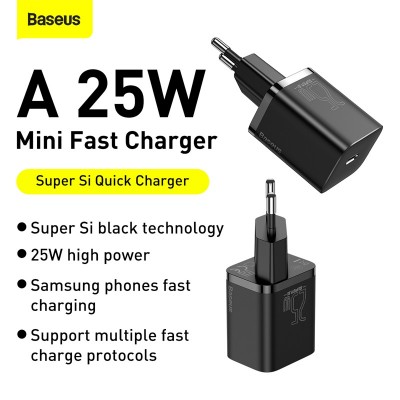 Зарядное устройство BASEUS Super Si USB-C + Кабель Type-C-Type-C, 3A, 25W, черный Зарядное устройство BASEUS Super Si USB-C + Кабель Type-C-Type-C, 3A, 25W, черный
