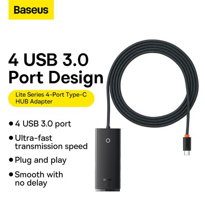 Переходник/Адаптер BASEUS Lite Series 4-Port, Разветвитель, Type-C - 4xUSB3.0, черный, кабель 2м Переходник/Адаптер BASEUS Lite Series 4-Port, Разветвитель, Type-C - 4xUSB3.0, черный, кабель 2м