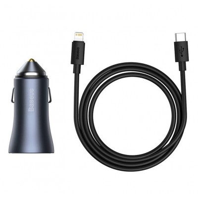 Автомобильное зарядное устройство BASEUS Golden Contactor Pro Dual, USB+USB-C + Кабель Type-C-Lightning, 3A, темно-серый Автомобильное зарядное устройство BASEUS Golden Contactor Pro Dual, USB+USB-C + Кабель Type-C-Lightning, 3A, темно-серый