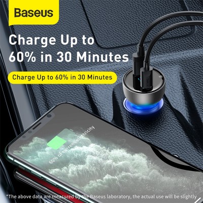 Автомобильное зарядное устройство BASEUS Particular, USB+USB-C, 5A, 65W, серебристый, дисплей Автомобильное зарядное устройство BASEUS Particular, USB+USB-C, 5A, 65W, серебристый, дисплей