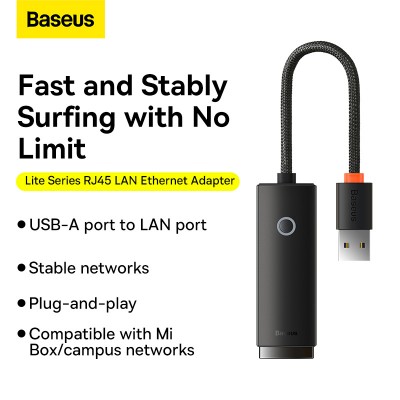 Переходник/Адаптер BASEUS Lite Series Ethernet Adapter, USB A- RJ45 (100Mbps), черный Переходник/Адаптер BASEUS Lite Series Ethernet Adapter, USB A- RJ45 (100Mbps), черный