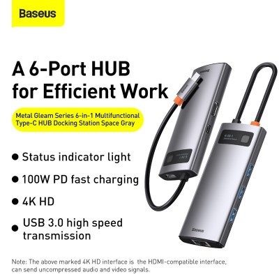 Переходник/Адаптер BASEUS Starjoy Series 6-in-1, Разветвитель, Type-C - USB3.0 + USB2.0 + HDMI + PD + 4K HD + RJ45, серы Переходник/Адаптер BASEUS Starjoy Series 6-in-1, Разветвитель, Type-C - USB3.0 + USB2.0 + HDMI + PD + 4K HD + RJ45, серы