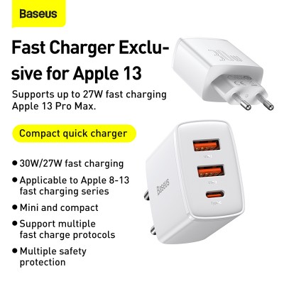 Зарядное устройство BASEUS Compact Quick Charger 2*USB+USB-C, 3A, 30W, белый Зарядное устройство BASEUS Compact Quick Charger 2*USB+USB-C, 3A, 30W, белый