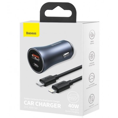 Автомобильное зарядное устройство BASEUS Golden Contactor Pro Dual, USB+USB-C + Кабель Type-C-Lightning, 3A, темно-серый Автомобильное зарядное устройство BASEUS Golden Contactor Pro Dual, USB+USB-C + Кабель Type-C-Lightning, 3A, темно-серый