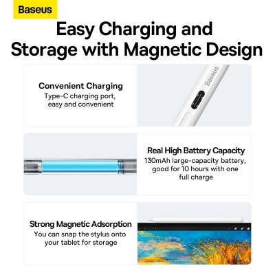 Стилус BASEUS Smooth Writing Capacitive with LED Indicators, белый Стилус BASEUS Smooth Writing Capacitive with LED Indicators, белый