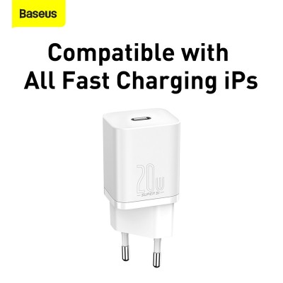 Зарядное устройство BASEUS Super Si USB-C + Кабель Type-C-Lightning, 3A, 20W, белый Зарядное устройство BASEUS Super Si USB-C + Кабель Type-C-Lightning, 3A, 20W, белый