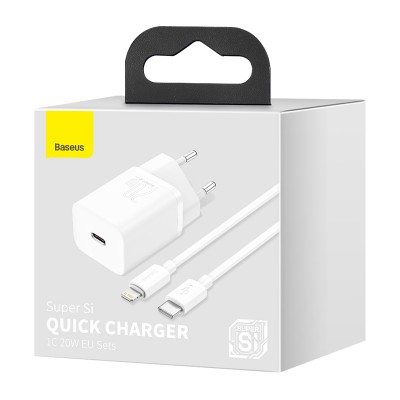 Зарядное устройство BASEUS Super Si USB-C + Кабель Type-C-Lightning, 3A, 20W, белый Зарядное устройство BASEUS Super Si USB-C + Кабель Type-C-Lightning, 3A, 20W, белый