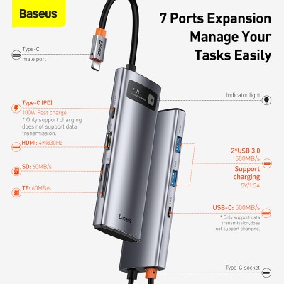 Переходник/Адаптер BASEUS Starjoy Series 7-in-1, Разветвитель, Type-C - USB3.0+PD+HDMI+SD/TF+USB-C, серый Переходник/Адаптер BASEUS Starjoy Series 7-in-1, Разветвитель, Type-C - USB3.0+PD+HDMI+SD/TF+USB-C, серый