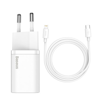 Зарядное устройство BASEUS Super Si USB-C + Кабель Type-C-Lightning, 3A, 20W, белый Зарядное устройство BASEUS Super Si USB-C + Кабель Type-C-Lightning, 3A, 20W, белый