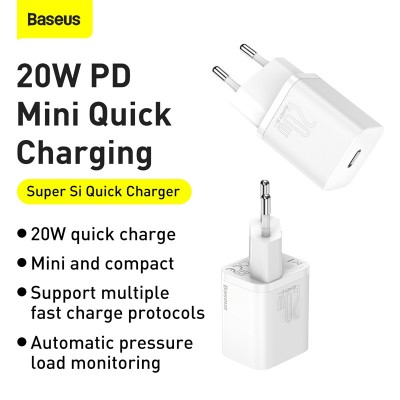 Зарядное устройство BASEUS Super Si USB-C + Кабель Type-C-Lightning, 3A, 20W, белый Зарядное устройство BASEUS Super Si USB-C + Кабель Type-C-Lightning, 3A, 20W, белый