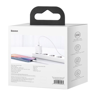 Зарядное устройство BASEUS Super Si USB-C + Кабель Type-C-Lightning, 3A, 20W, белый Зарядное устройство BASEUS Super Si USB-C + Кабель Type-C-Lightning, 3A, 20W, белый