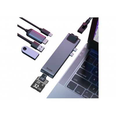 Переходник/Адаптер BASEUS Thunderbolt 7-in-1, Разветвитель, Type-C - 2xUSB3.0 + HDMI + PD + RJ45 + TF/SD + Type-C, серый Переходник/Адаптер BASEUS Thunderbolt 7-in-1, Разветвитель, Type-C - 2xUSB3.0 + HDMI + PD + RJ45 + TF/SD + Type-C, серый
