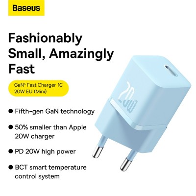 Зарядное устройство BASEUS GaN5 Fast Charger(mini) USB-C, 3A, 20W, синий Зарядное устройство BASEUS GaN5 Fast Charger(mini) USB-C, 3A, 20W, синий
