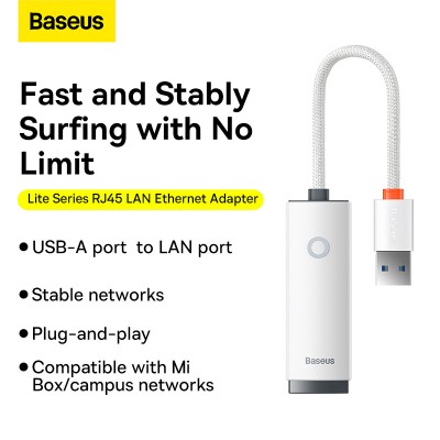 Переходник/Адаптер BASEUS Lite Series Ethernet Adapter, USB A- RJ45 (1000Mbps), белый Переходник/Адаптер BASEUS Lite Series Ethernet Adapter, USB A- RJ45 (1000Mbps), белый
