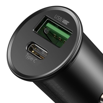 Автомобильное зарядное устройство BASEUS Circular Metal, USB+USB-C, 5A, 30W, черный Автомобильное зарядное устройство BASEUS Circular Metal, USB+USB-C, 5A, 30W, черный