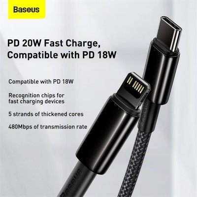 Кабель USB-C BASEUS Tungsten Gold, Type-C - Lightning, 20W, 1 м, черный Кабель USB-C BASEUS Tungsten Gold, Type-C - Lightning, 20W, 1 м, черный