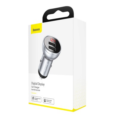 Автомобильное зарядное устройство BASEUS Digital Display Dual, 2*USB, 2.4A, 24W, серебристый, дисплей Автомобильное зарядное устройство BASEUS Digital Display Dual, 2*USB, 2.4A, 24W, серебристый, дисплей