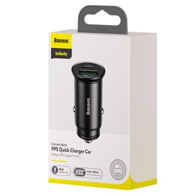Автомобильное зарядное устройство BASEUS Circular Metal, USB+USB-C, 5A, 30W, черный Автомобильное зарядное устройство BASEUS Circular Metal, USB+USB-C, 5A, 30W, черный
