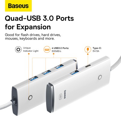 Переходник/Адаптер BASEUS Lite Series 4-Port, Разветвитель, Type-C - 4xUSB3.0, белый, кабель 2м Переходник/Адаптер BASEUS Lite Series 4-Port, Разветвитель, Type-C - 4xUSB3.0, белый, кабель 2м