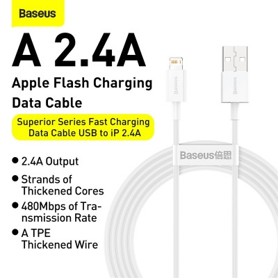 Кабель USB BASEUS Superior Series Fast Charging, USB - Lightning, 2.4А, 25 см, белый Кабель USB BASEUS Superior Series Fast Charging, USB - Lightning, 2.4А, 25 см, белый