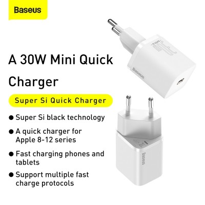 Зарядное устройство BASEUS Super Si USB-C, 3A, 30W, белый Зарядное устройство BASEUS Super Si USB-C, 3A, 30W, белый
