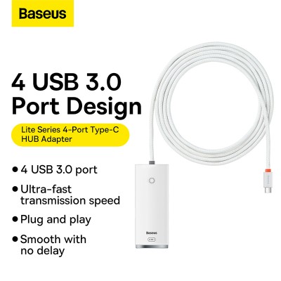 Переходник/Адаптер BASEUS Lite Series 4-Port, Разветвитель, Type-C - 4xUSB3.0, белый, кабель 2м Переходник/Адаптер BASEUS Lite Series 4-Port, Разветвитель, Type-C - 4xUSB3.0, белый, кабель 2м