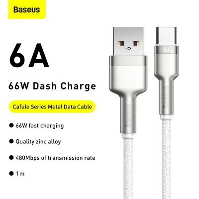 Кабель USB BASEUS Cafule Series Metal, USB - Type-C, 6A, 66W, 1 м, белый Кабель USB BASEUS Cafule Series Metal, USB - Type-C, 6A, 66W, 1 м, белый