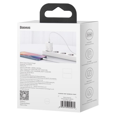 Зарядное устройство BASEUS Super Si USB-C, 3A, 30W, белый Зарядное устройство BASEUS Super Si USB-C, 3A, 30W, белый