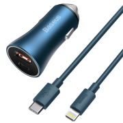 Автомобильное зарядное устройство BASEUS Golden Contactor Pro Dual, USB+USB-C + Кабель Type-C-Lightning, 3A, синий