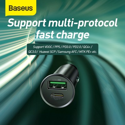 Автомобильное зарядное устройство BASEUS Circular Metal, USB+USB-C, 5A, 30W, черный Автомобильное зарядное устройство BASEUS Circular Metal, USB+USB-C, 5A, 30W, черный