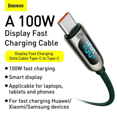 Кабель USB-C BASEUS Display Fast Charging, Type-C - Type-C, 5A, 100W, 1 м, зеленый Кабель USB-C BASEUS Display Fast Charging, Type-C - Type-C, 5A, 100W, 1 м, зеленый