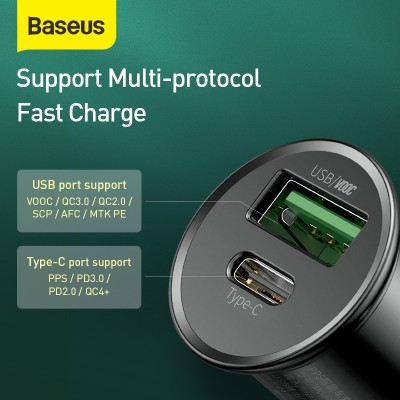 Автомобильное зарядное устройство BASEUS Circular Metal, USB+USB-C, 5A, 30W, черный Автомобильное зарядное устройство BASEUS Circular Metal, USB+USB-C, 5A, 30W, черный
