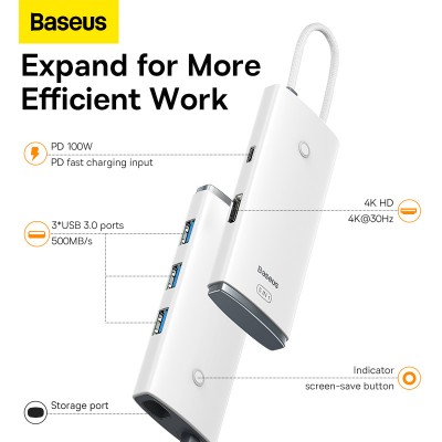 Переходник/Адаптер BASEUS Lite Series 5-Port, Разветвитель, Type-C - 3*USB3.0+HDMI+PD, белый Переходник/Адаптер BASEUS Lite Series 5-Port, Разветвитель, Type-C - 3*USB3.0+HDMI+PD, белый