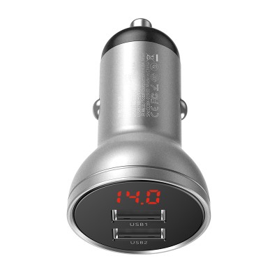 Автомобильное зарядное устройство BASEUS Digital Display Dual, 2*USB, 2.4A, 24W, серебристый, дисплей Автомобильное зарядное устройство BASEUS Digital Display Dual, 2*USB, 2.4A, 24W, серебристый, дисплей