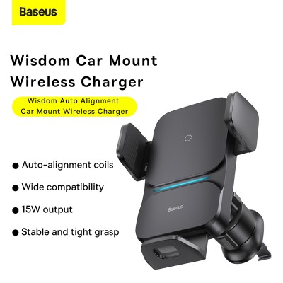 Автомобильный держатель BASEUS Wisdom Auto Alignment (Air-outlet Base), с беспроводной зарядкой, 2A, 15W, черный, на воз Автомобильный держатель BASEUS Wisdom Auto Alignment (Air-outlet Base), с беспроводной зарядкой, 2A, 15W, черный, на воз