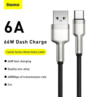 Кабель USB BASEUS Cafule Series Metal, USB - Type-C, 6A, 66W, 2 м, черный Кабель USB BASEUS Cafule Series Metal, USB - Type-C, 6A, 66W, 2 м, черный