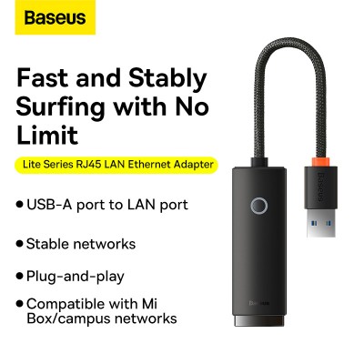 Переходник/Адаптер BASEUS Lite Series Ethernet Adapter, USB A- RJ45 (1000Mbps), черный Переходник/Адаптер BASEUS Lite Series Ethernet Adapter, USB A- RJ45 (1000Mbps), черный