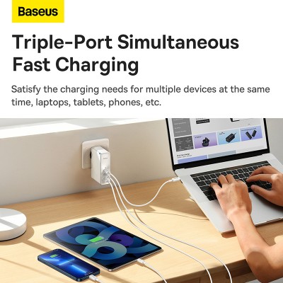 Зарядное устройство BASEUS GaN5 Pro Fast Charger USB+2*USB-C + Кабель Type-C-Type-C, 5A, 140W, белый Зарядное устройство BASEUS GaN5 Pro Fast Charger USB+2*USB-C + Кабель Type-C-Type-C, 5A, 140W, белый