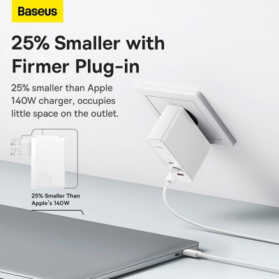 Зарядное устройство BASEUS GaN5 Pro Fast Charger USB+2*USB-C + Кабель Type-C-Type-C, 5A, 140W, белый Зарядное устройство BASEUS GaN5 Pro Fast Charger USB+2*USB-C + Кабель Type-C-Type-C, 5A, 140W, белый