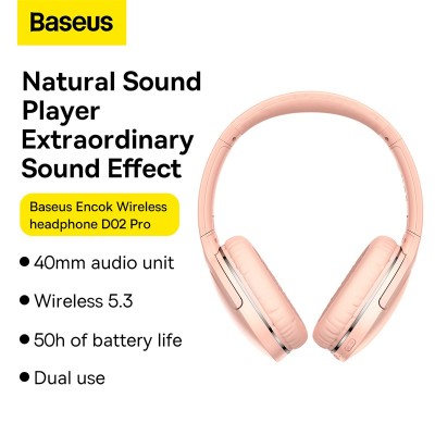Беспроводные наушники BASEUS Encok Wireless D02 Pro, Bluetooth + AUX, 450 мАч, розовый, кабель AUX+Type-C Беспроводные наушники BASEUS Encok Wireless D02 Pro, Bluetooth + AUX, 450 мАч, розовый, кабель AUX+Type-C