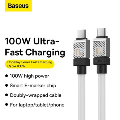 Кабель USB-C BASEUS CoolPlay Series Fast Charging, Type-C - Type-C, 100W, 2 м, белый Кабель USB-C BASEUS CoolPlay Series Fast Charging, Type-C - Type-C, 100W, 2 м, белый