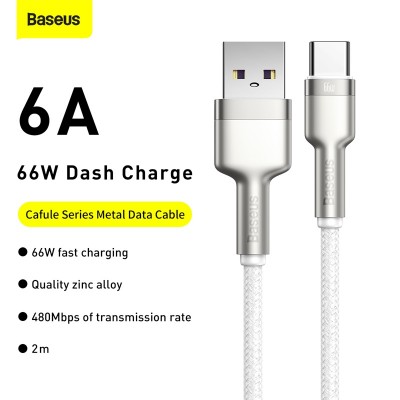 Кабель USB BASEUS Cafule Series Metal, USB - Type-C, 6A, 66W, 2 м, белый Кабель USB BASEUS Cafule Series Metal, USB - Type-C, 6A, 66W, 2 м, белый